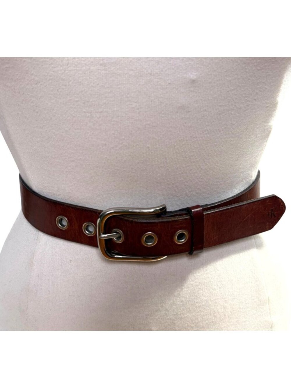 Vintage Calvin Klein Belt Women Large Brown Leather Brass Buckle USA 90s Classic